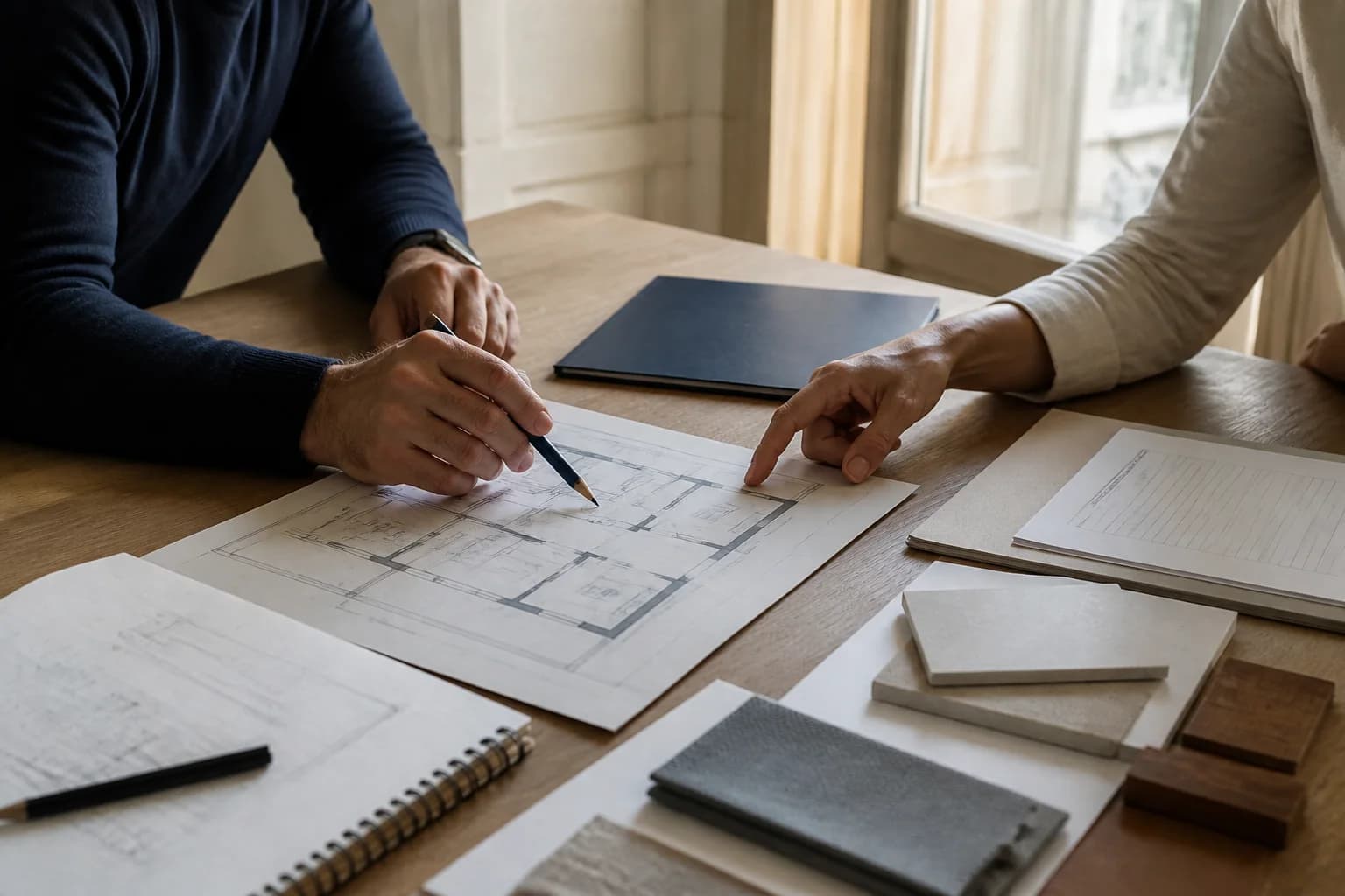 Manos revisando el plano y los materiales de una vivienda