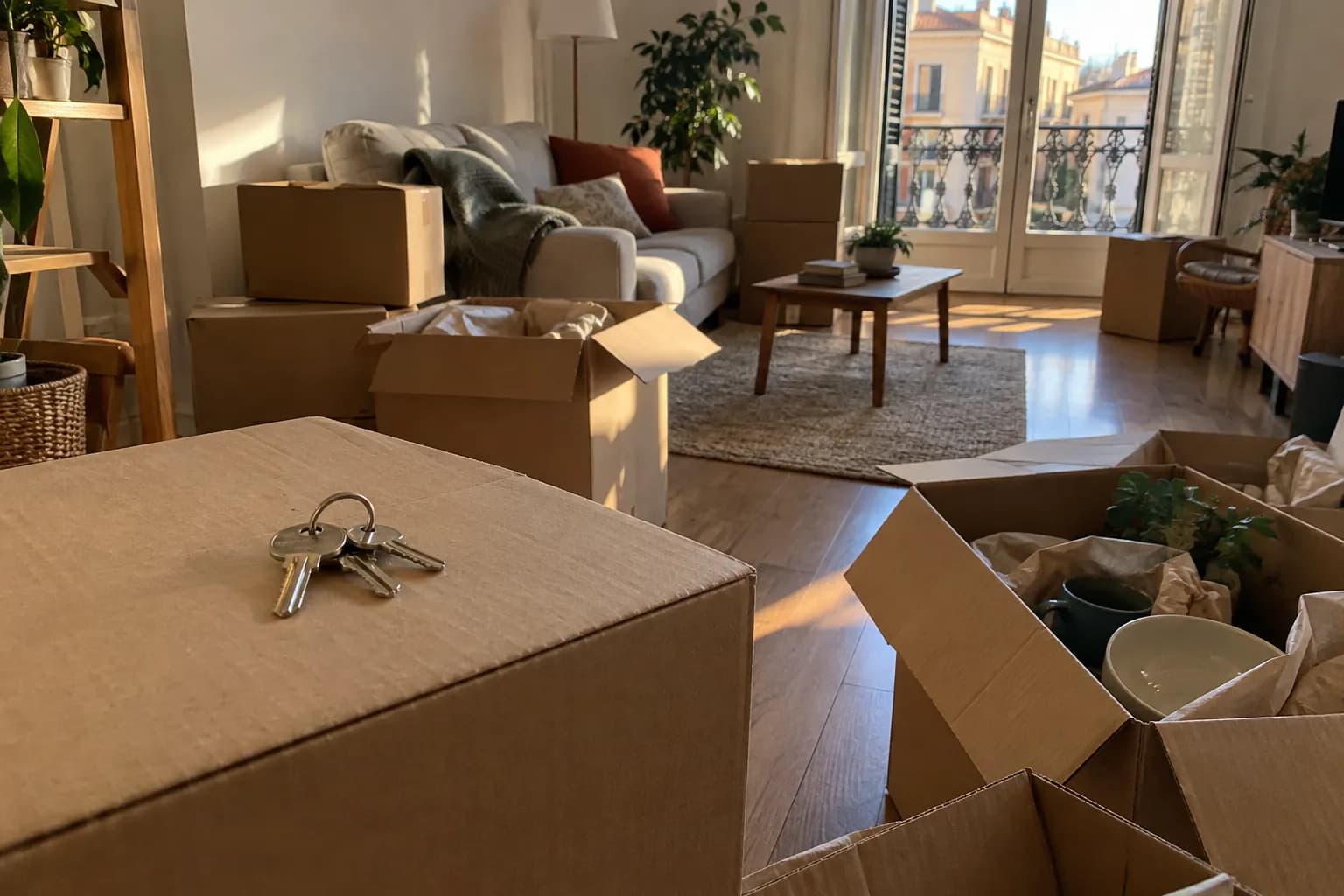 Unas llaves sobre una caja de mudanza en el salón de un piso recién comprado