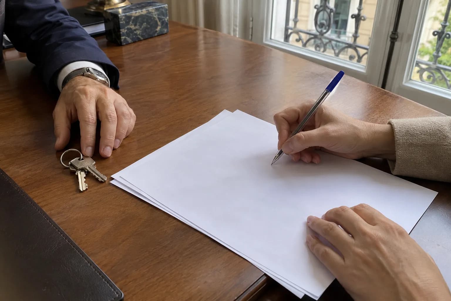 Firma de una compraventa con las llaves de la vivienda sobre la mesa