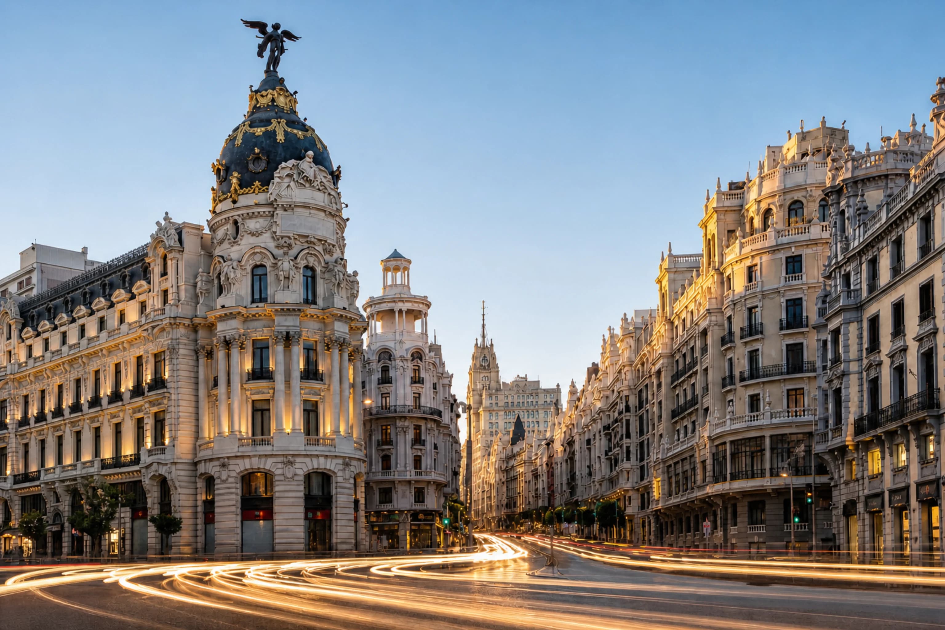 Vista de la Gran Vía de Madrid al atardecer