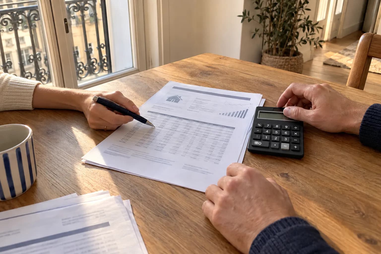 Dos personas revisan una simulación de hipoteca con una calculadora