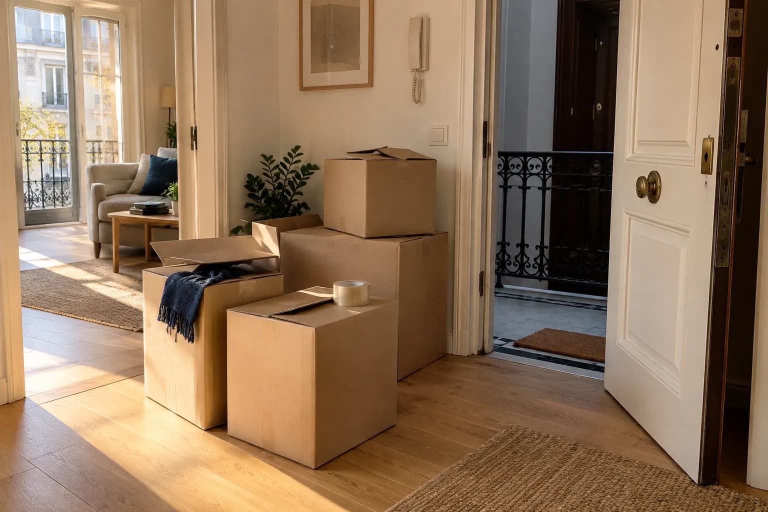 Cajas de mudanza en el recibidor de un piso con la puerta abierta