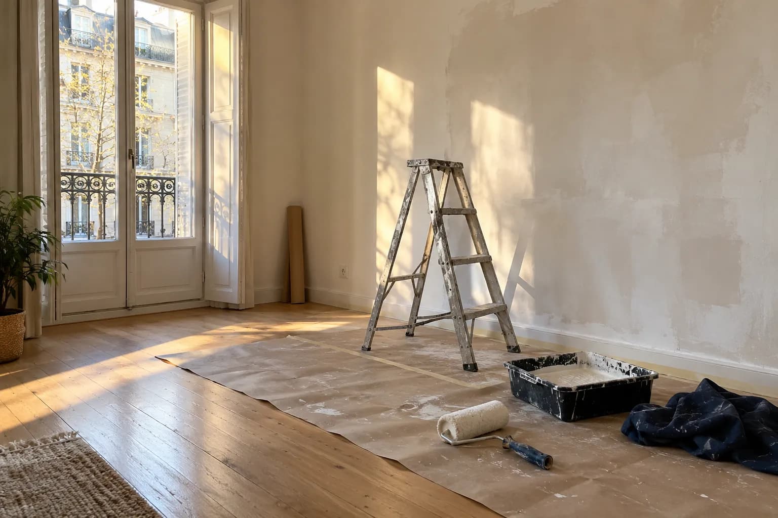 Estancia en obra con escalera de pintor y rodillo sobre papel protector